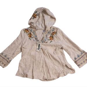 NWT Monoreno Embroidered Linen Blouse Tunic With Hood White Floral Size M